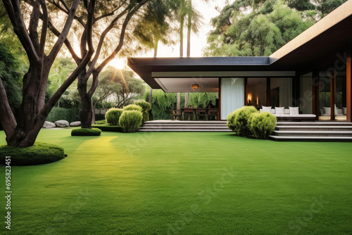 A neat, beautiful lawn in the courtyard of a modern private residential building