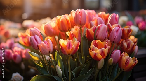 Colorful tulip flowers blooming in the garden.