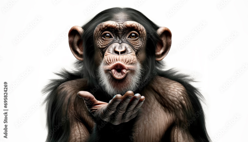 Happy monkey portrait showing love making kiss with hand. Chimpanzee making Kiss to air with her Hand, isolated on white background, Generative Ai - obrazy, fototapety, plakaty 