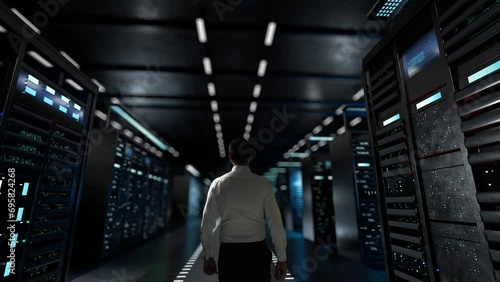 10 Anniversary. IT Administrator Activating Modern Data Center Server with Hologram. photo