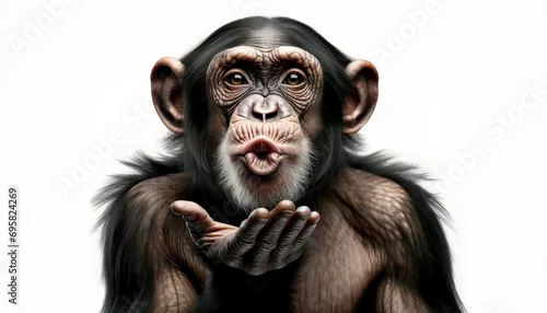 Obraz Happy monkey portrait showing love making kiss with hand. Chimpanzee making Kiss to air with her Hand, isolated on white background, Generative Ai