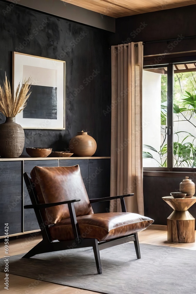 Leather chair near rustic wooden coffee table against black cabinet and decorative stucco poster. Japanese style home interior design of modern living room.