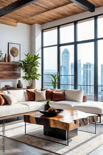 Live edge accent coffee table near white corner modular sofa in room with panoramic windows minimal