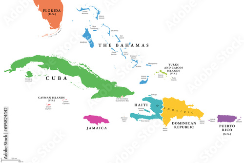 Greater Antilles in the Caribbean, multicolored political map. Grouping of larger islands in the Caribbean Sea, including Cuba, Hispaniola, Puerto Rico, Jamaica, Navassa Island and the Cayman Islands.
