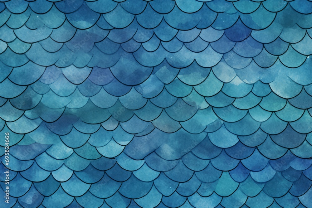 Image closeup of a metal fish scale design in shades of blue and aqua - obrazy, fototapety, plakaty 