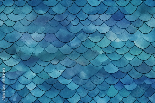 Image closeup of a metal fish scale design in shades of blue and aqua