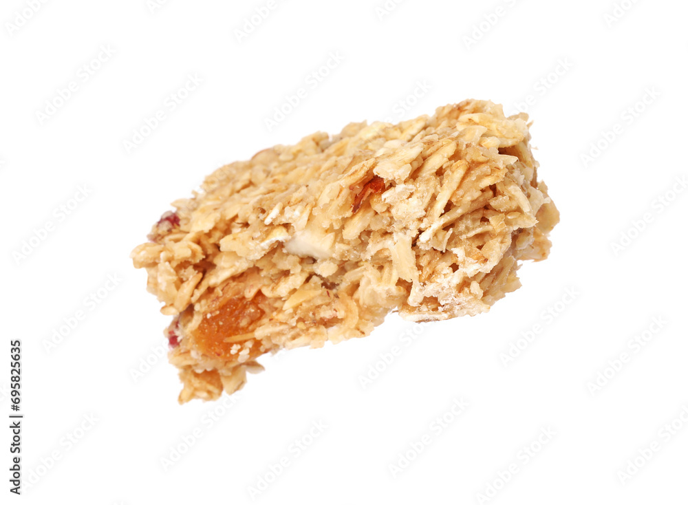 One piece of tasty granola bar isolated on white One piece of tasty granola bar isolated on white