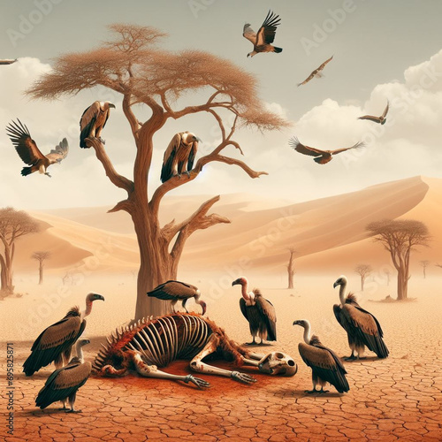 A natural landscape of vultures circling around a carrion in the arid desert of Africa in the total absence of greenery apart from a few scattered dry trees, and a few thirsty birds looking for water
