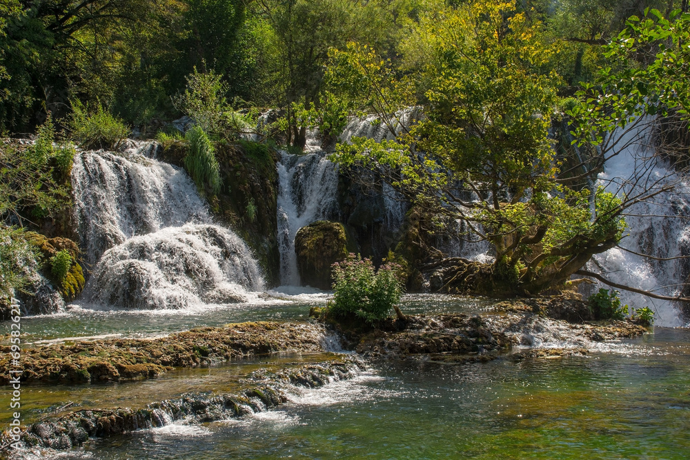 Milancev Buk waterfall at Martin Brod in Una-Sana Canton, Federation of Bosnia and Herzegovina. Located within the Una National Park, it is also known as Veliki Buk or Martinbrodski