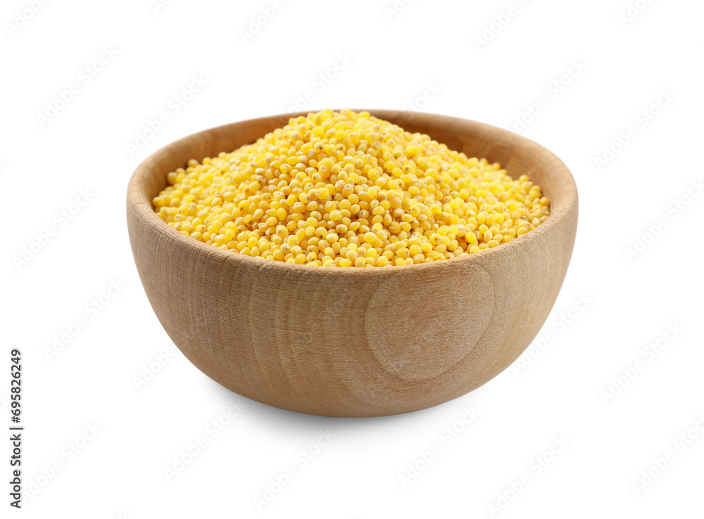 Dry millet seeds in bowl isolated on white Dry millet seeds in bowl isolated on white
