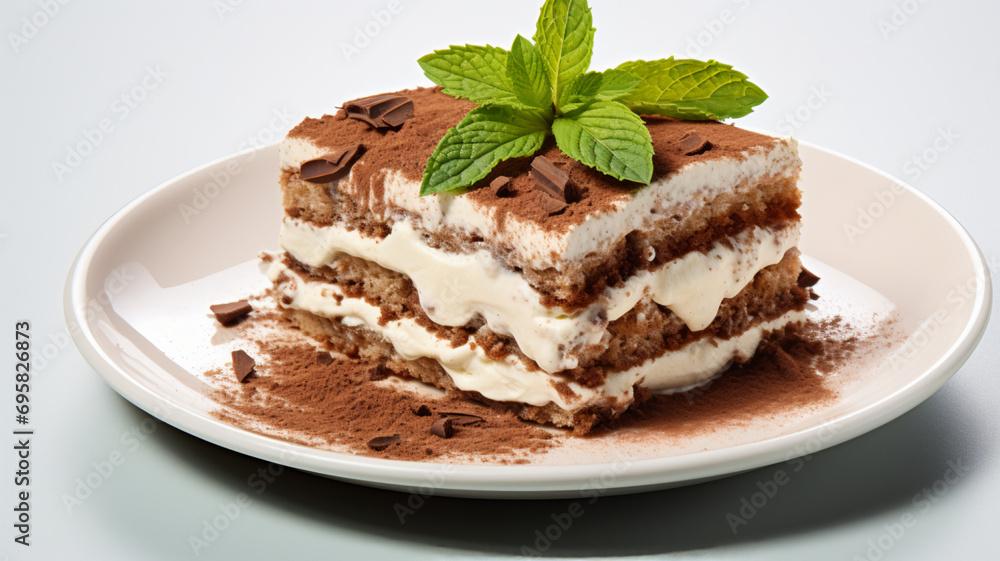 Plate of tiramisu cake isolated on white, AI Generative. Plate of tiramisu cake isolated on white, AI Generative.