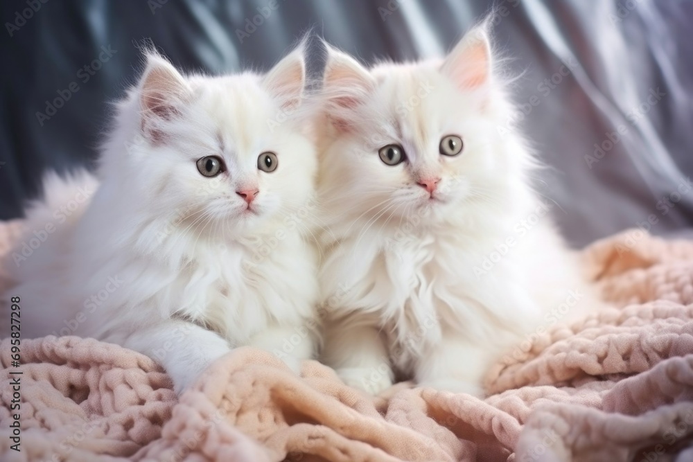 White fluffy kittens lie in a light-colored interior. 