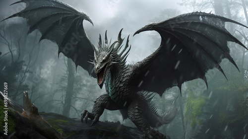 Fierce fantasy black winged dragon. Fierce fantasy black dragon digital illustration Generative AI.
