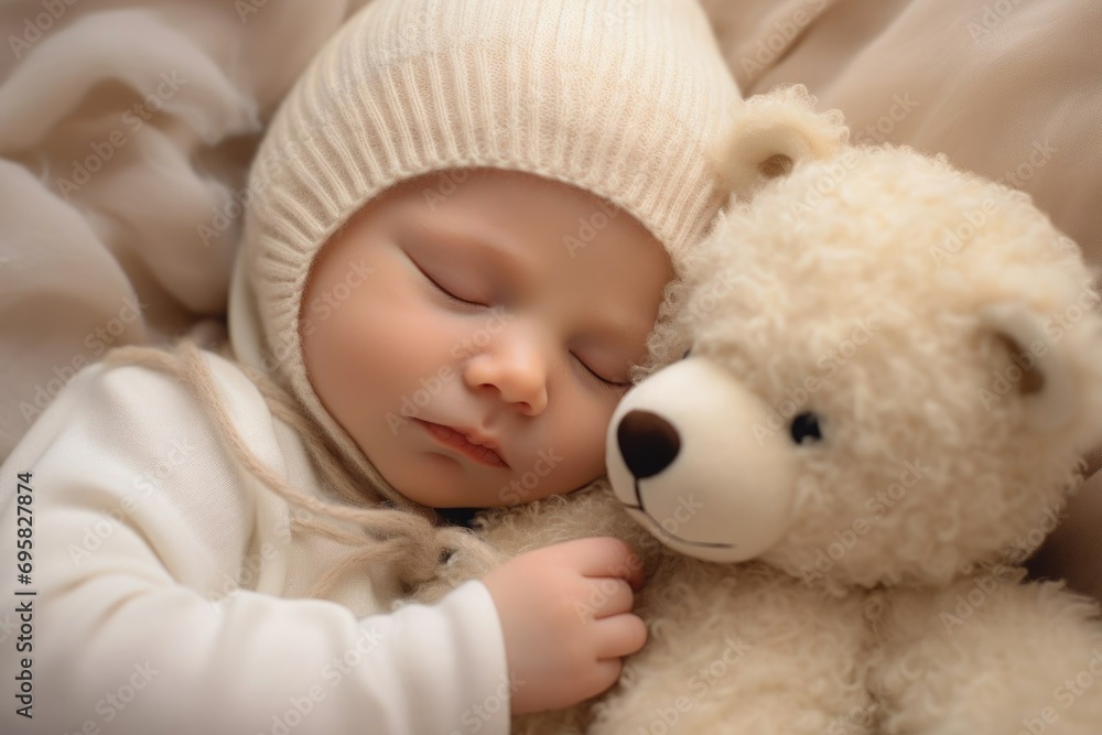 a cute sleeping baby with a teddy bear. a cute sleeping baby with a teddy bear.