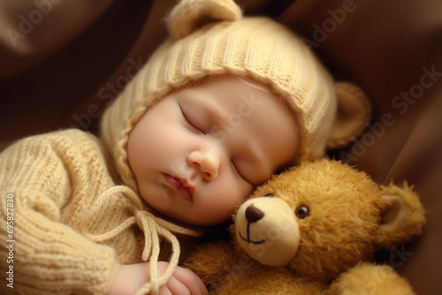 a cute sleeping baby with a teddy bear.