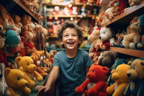 happy child in a toy store. gifts for children photo