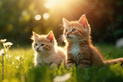 cute striped kittens sitting on a green lawn, backlit. cats ai