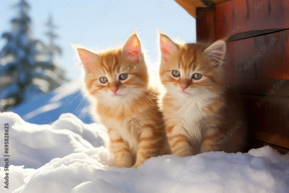 cute fluffy gingers kittens sitting in the snow. fluffy kittens outdoors in winter