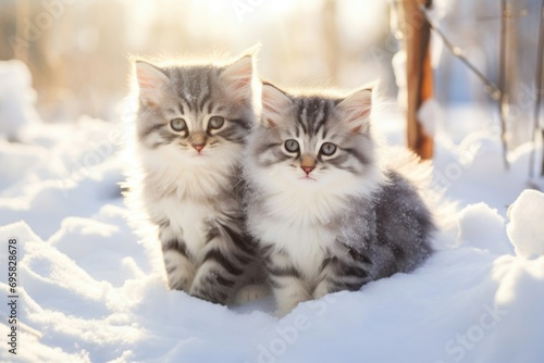 cute fluffy kittens sitting in the snow. fluffy kittens outdoors in winter