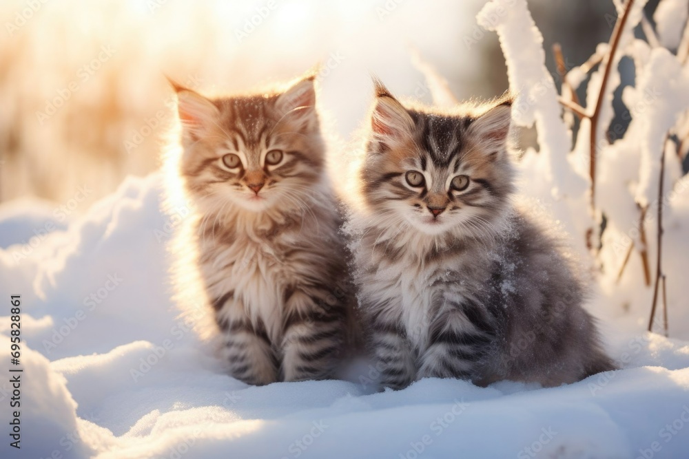 cute fluffy kittens sitting in the snow. fluffy kittens outdoors in winter