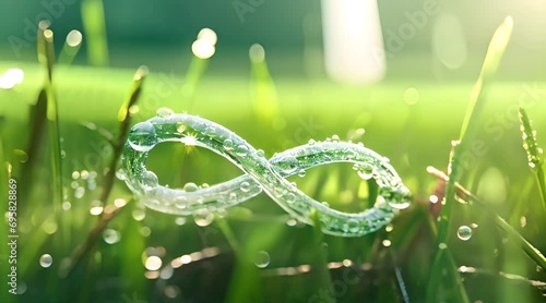 Sustainability - the infinity sign.  Morning dew and sunlight in green grass. Sun beams with bokeh and never-ending reuse icon - infinity