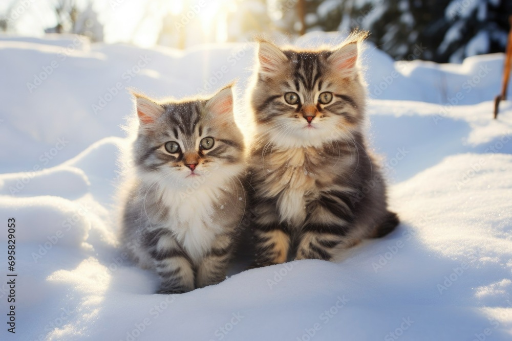 cute fluffy kittens sitting in the snow. fluffy kittens outdoors in winter