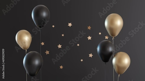 Golden number one and floating helium balloons on black background. Symbol 1. Invitation for a first birthday party, business anniversary, or any event celebrating a first milestone. 3D motion graphic photo