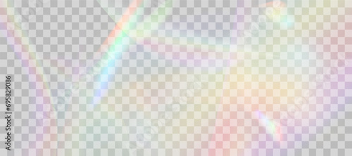 Blurred rainbow refraction overlay effect. Light lens prism effect on transparent background. Holographic reflection, crystal flare leak shadow overlay. Vector abstract illustration.