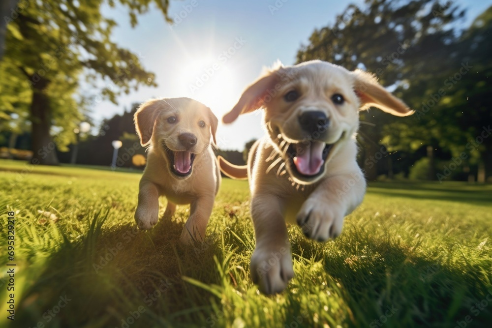 Labrador puppies are running along the green lawn. puppies having fun on the lawn Labrador puppies are running along the green lawn. puppies having fun on the lawn
