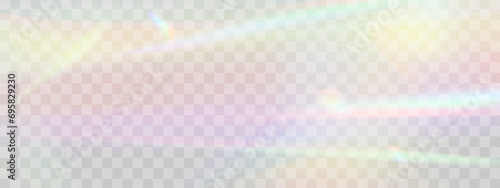 Blurred rainbow refraction overlay effect. Light lens prism effect on transparent background. Holographic reflection, crystal flare leak shadow overlay. Vector abstract illustration.