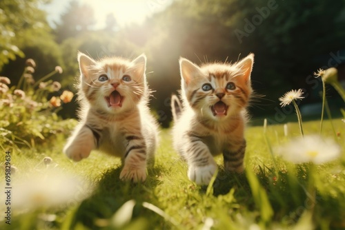 kittens frolicking on the lawn. funny kittens. ai cats. the striped kittens are running