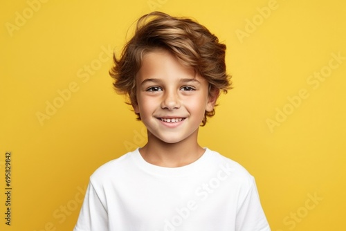 child boy smiling at the camera. child on a yellow background, emotion of joy