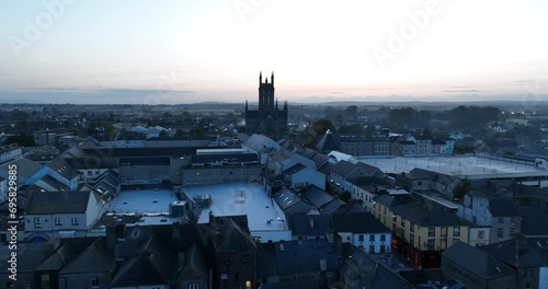 Catholic Cathedral from a drone at sunset and at night in 4k photo