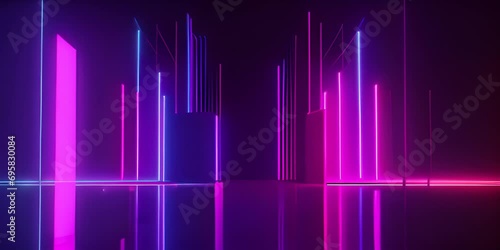 Dance Floor with Spot Lights. Neon stage or empty room: neon lights, spotlights, dark blue, purple, pink abstract background.