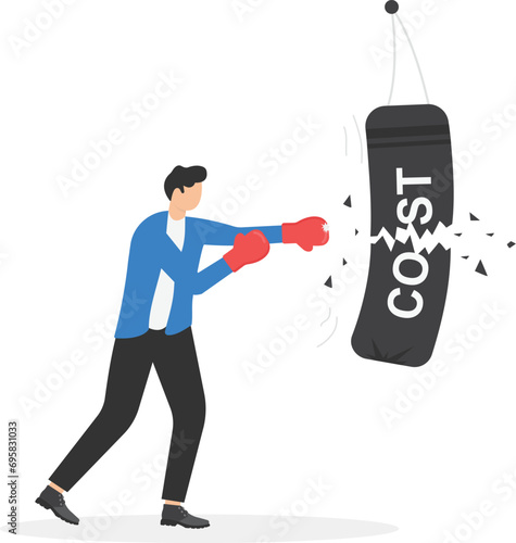 Cost reduction or efficiency design concept. The business man character hardly the punching bag with the word "cost" on it. Metaphor vector illustration, Business template

