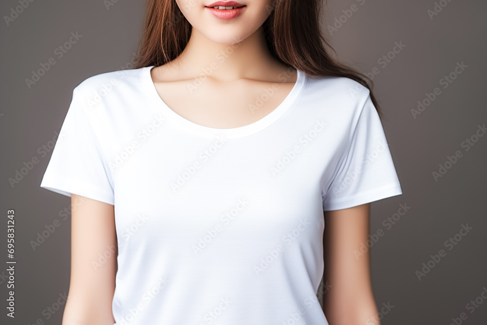 Fototapeta premium Young woman in white t-shirt. Mockup for design.