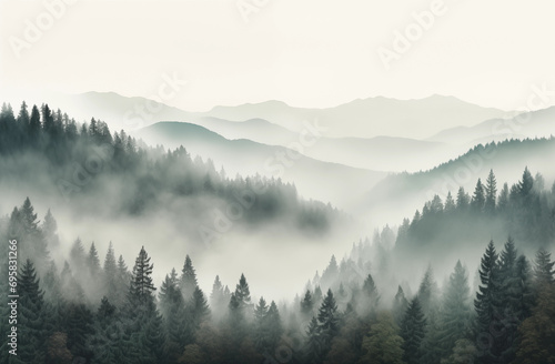 Ethereal Mountain Mist Over Evergreen Forest © HNXS Digital Art