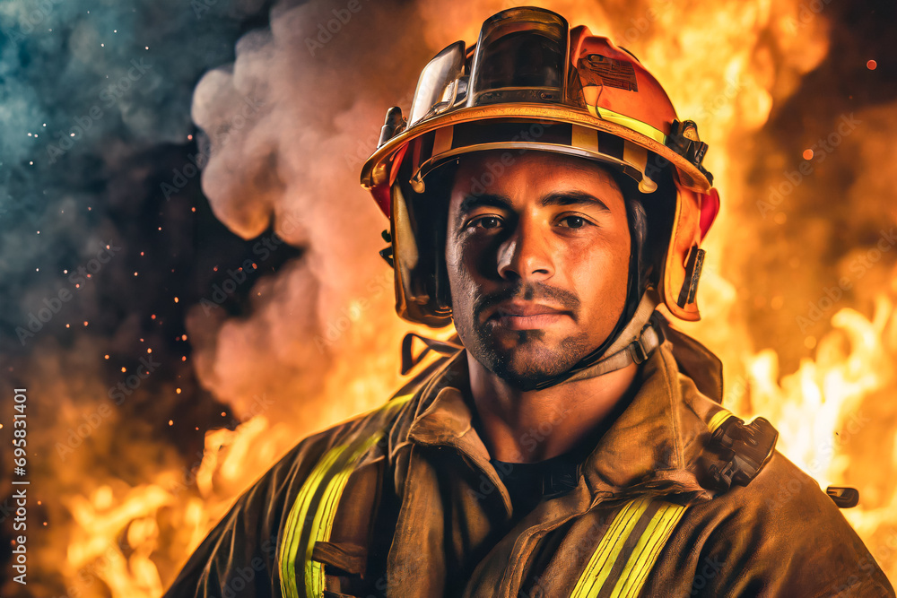 Close-up portrait of a female firefighter dressed in the suit and helmet. fire in the background Close-up portrait of a female firefighter dressed in the suit and helmet. fire in the background