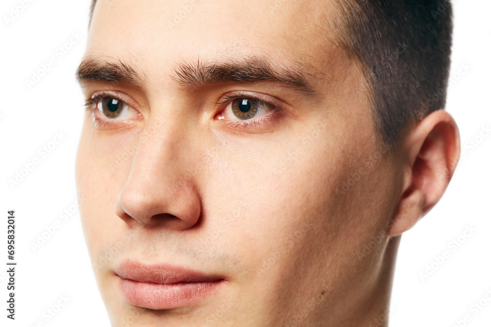 Obraz premium Cropped close up portrait of young man with well kept, shaved, well-groomed skin against white background. Concept of beauty treatment and hygiene, body care, anti-aging procedures.