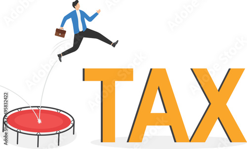 Tax evasion and tax avoidance concept. Businessmen jump from trampoline over the tax. Creative vector illustration

