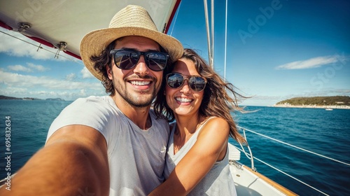 un jeune couple se prend en selfie pendant une croisière en bateau