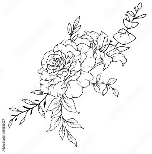 Wildflowers Line Drawing. Black and white Floral Bouquets. Flower Coloring Page. Floral Line Art. Fine Line Wildflowers illustration. Hand Drawn flowers. Botanical Coloring. Wedding invitation flowers