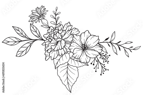 Wildflowers Line Drawing. Black and white Floral Bouquets. Flower Coloring Page. Floral Line Art. Fine Line Wildflowers illustration. Hand Drawn flowers. Botanical Coloring. Wedding invitation flowers