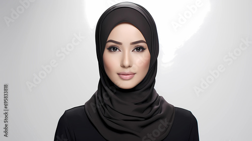 Young woman with black hijab or headscarf with flawless healthy skin smiling to camera. Female model for skin care promotion and ads. Hydration beauty flawless skin. Close up face beauty portrait. 