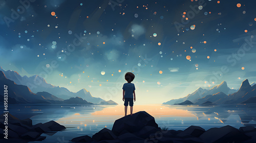 Boy standing and looking at the magic rocks