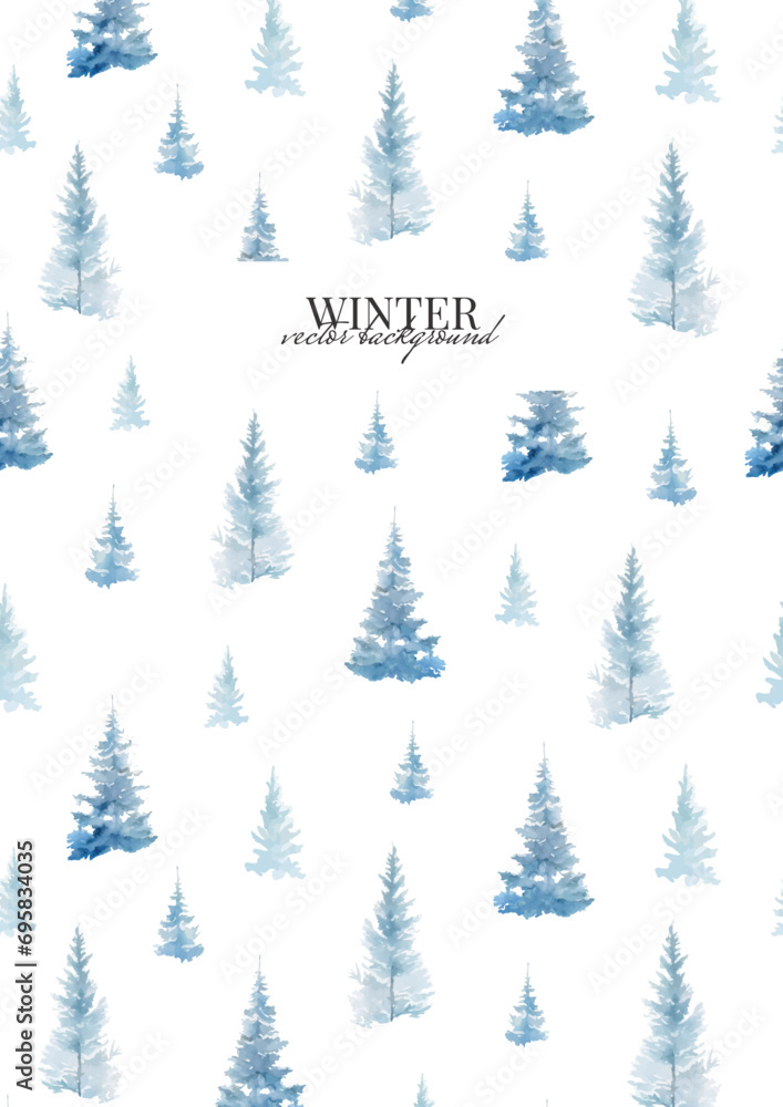 Postcard with Winter Pine Landscape in Watercolor Style. Vector