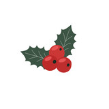 Christmas Holly Branch With Red Berries on a white background in a flat simple style. Decorative botanical element. Vector