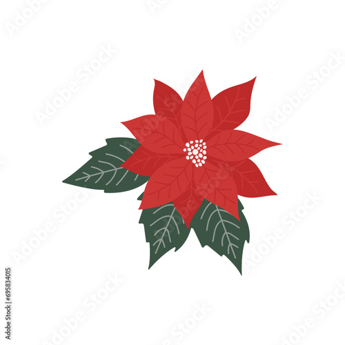 Christmas Star Poinsettia on a white background in a flat simple style. Decorative botanical element. Vector