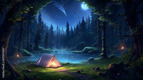 Camping in forest at night