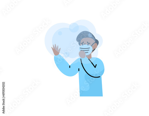 A man who feels uncomfortable because the air is full of pollution. wear a mask to protect yourself from smoke pollution. air pollution. Flat or cartoon character illustration design. graphic elements